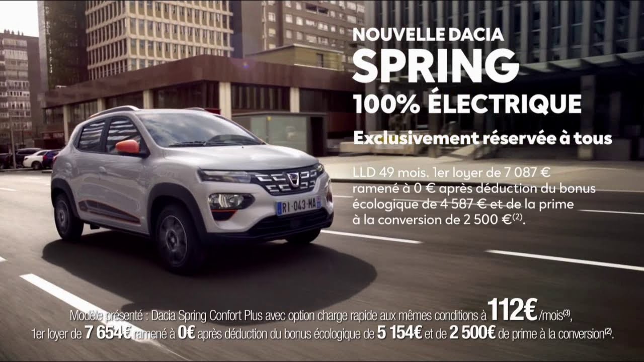 Publicité de la Dacia Spring 100% électrique présentant les options de financement (2021-)